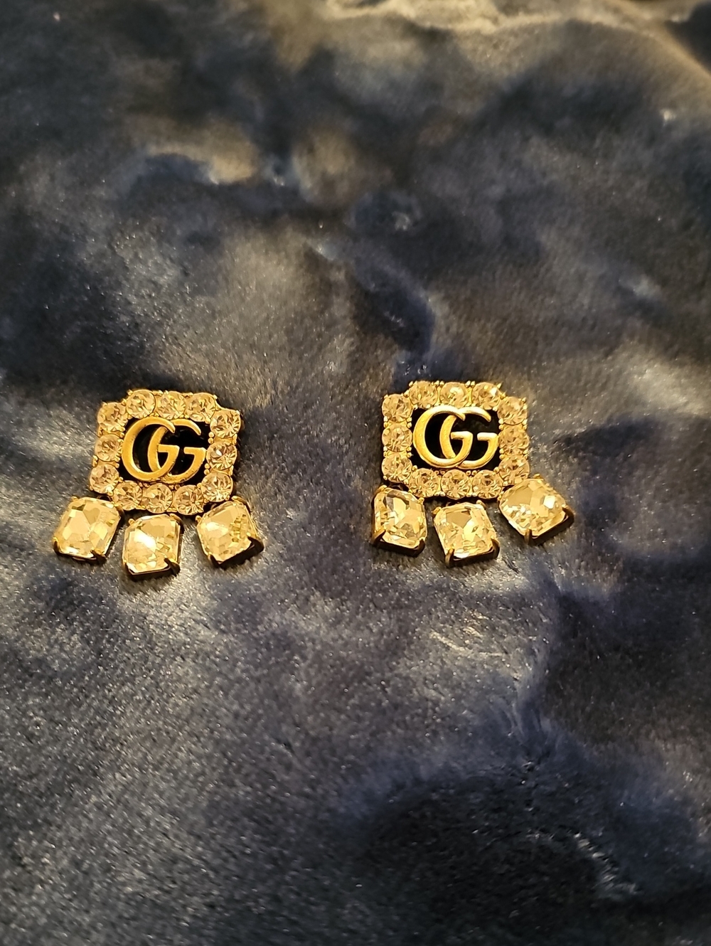 Designer-Inspired Gold Crystal Drop Earrings - GG Motif
